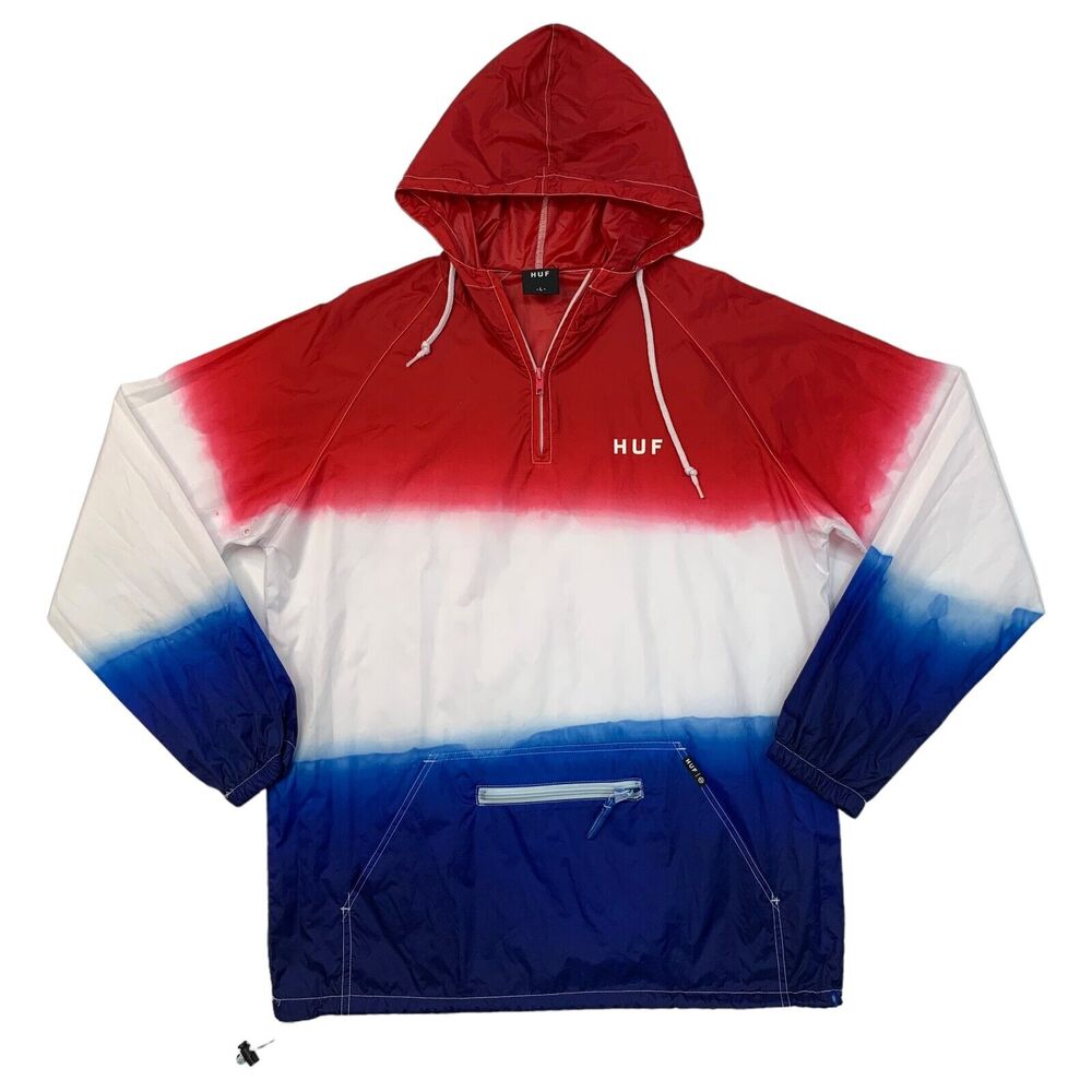 Huf Windbreaker Mens‎ L Large Red White Blue Water Resistant Nylon Rain Hooded